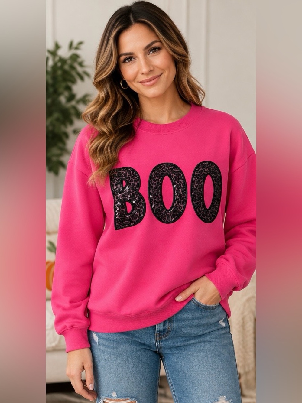 Hot Pink BOO Graphic Pullover Sweatshirt